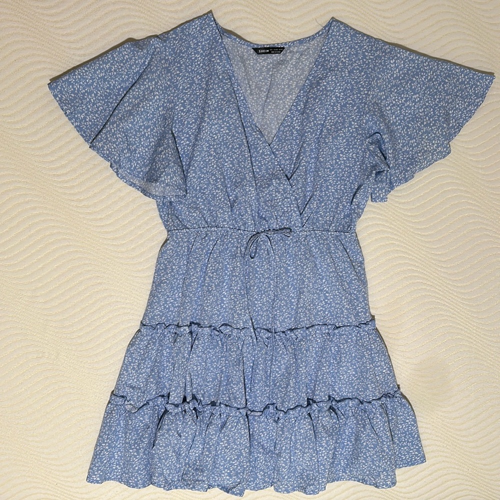Light Blue Flutter Sleeve Tiered Dress